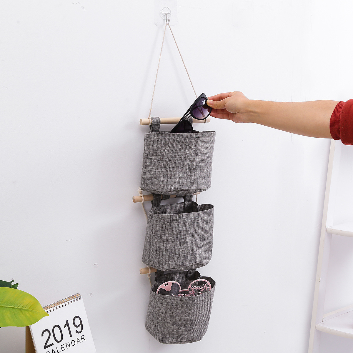 3 Layer Hanging Storage Bag with Pockets, Cotton Linen Wall Organiser for Bedroom, Bathroom, Nursery and Door Storage, Grey — image 2