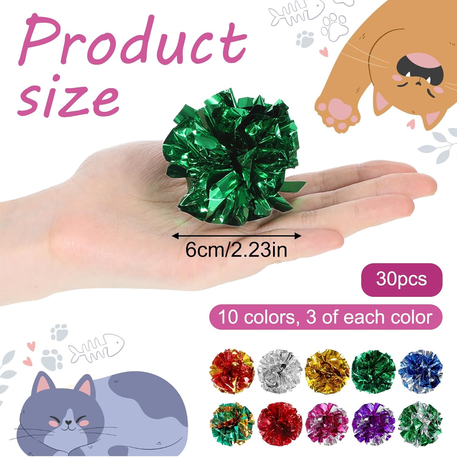 Vin Beauty 30 Pcs Cat Crinkle Balls Toy 2.36 Inch Interactive Crinkle Balls for Cats, Colorful Chew and Chase Training Activity Cat Toys for Indoor Kittens to