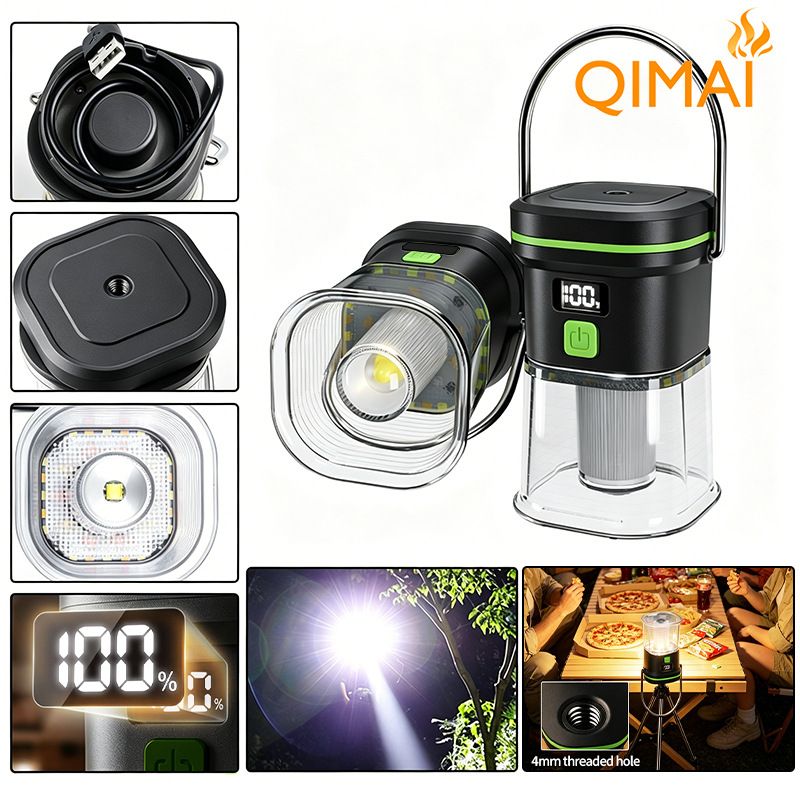 2PCS LY27 Black and Green Compact LED Camping Lantern with Spotlight and Ambient Light, USB-C Rechargeable Outdoor Emergency Tent Light - Digital Battery โ image 2