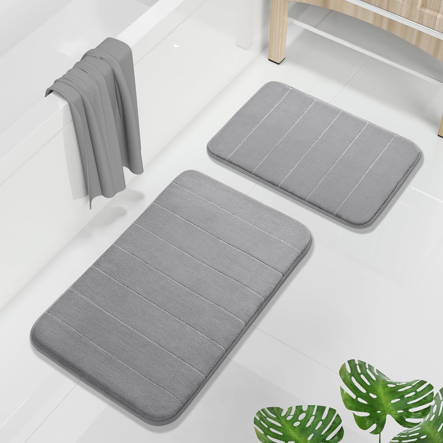 2 Pack Coral fleece Bathroom Rug Set, Soft Absorbent Non-Slip Mats for Tub, Shower and Sink, Machine Washable, Grey, 43.2 × 61 cm and 80 × 51 cm