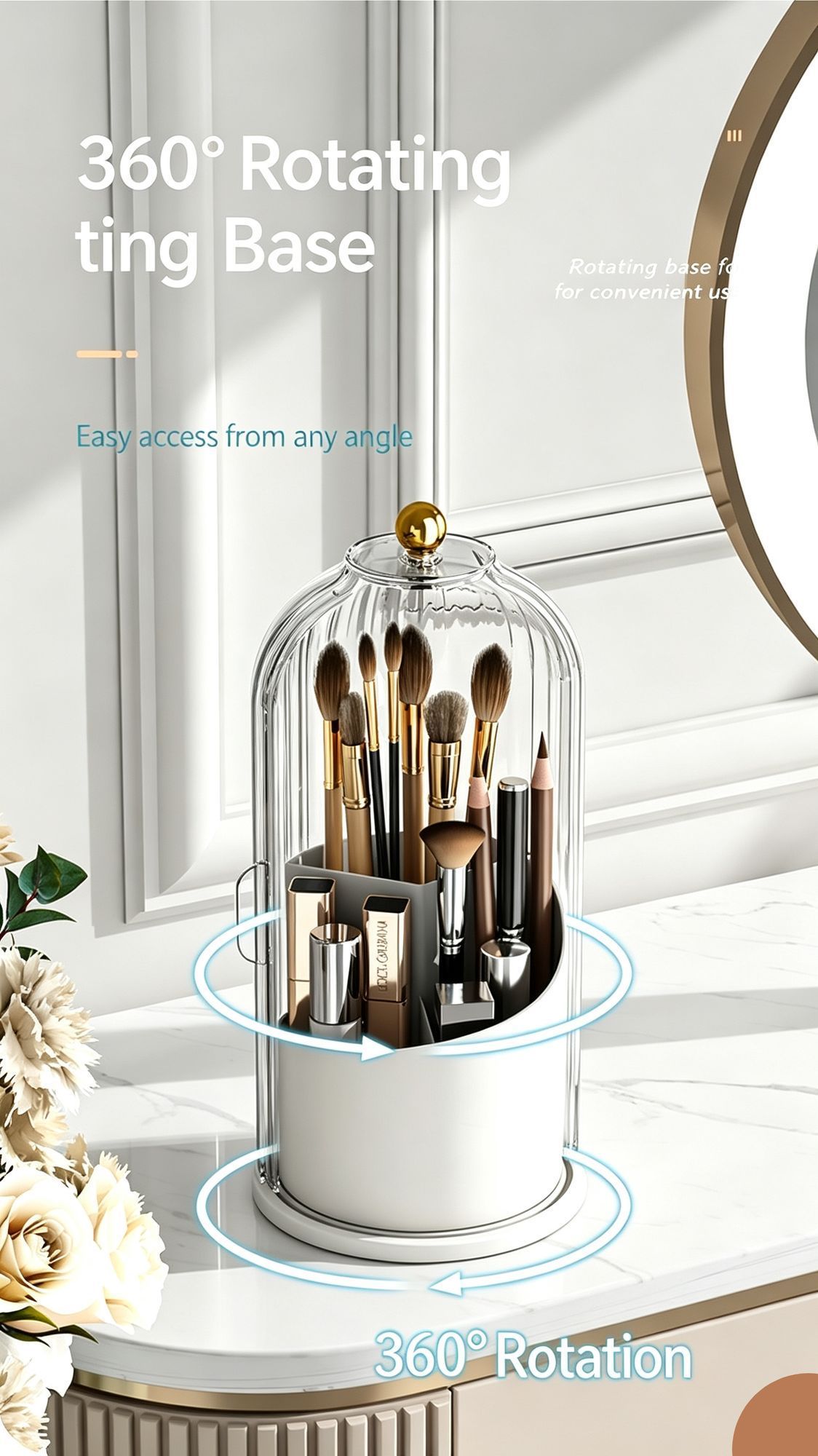 Rotatable Birdcage Vanity & Desktop Organiser, Dustproof Compartment Storage for Cosmetics, Stationery, Toothpaste, Knives, Forks & Spoons, Transparent Grey, 2 — image 2