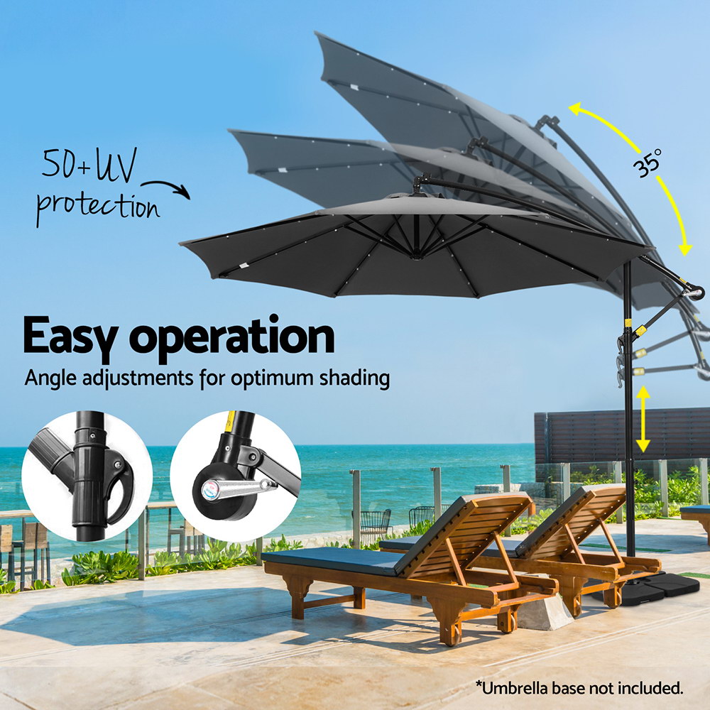 Instahut Outdoor Umbrella 3M Cantilever Beach LED Base Garden Sun Patio Charcoal — image 5