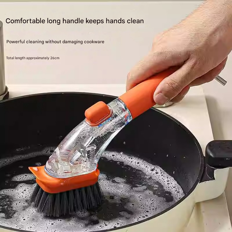 Orange Long-Handled Liquid Dispensing Pot Scrubber – Multi-Use Kitchen Cleaning Brush with Built-In Detergent Reservoir — image 3