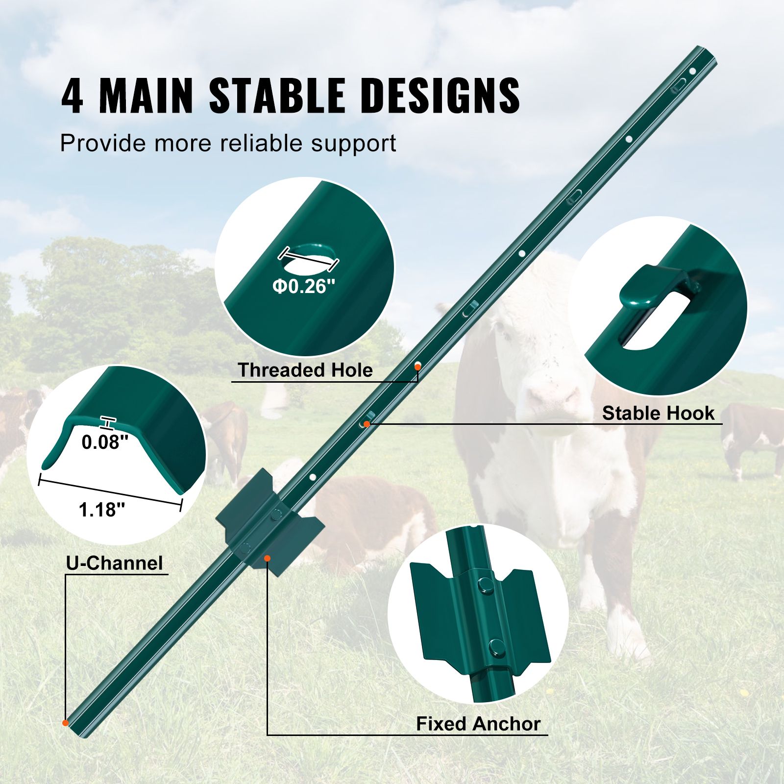 3 Feet Fence Post, 10 Pack U-Channel Heavy Duty Metal Fence Posts, Sturdy Steel Fence Stakes for Garden Yard, Lawn, Farms and Outdoor Wire Fencing, Green — image 4