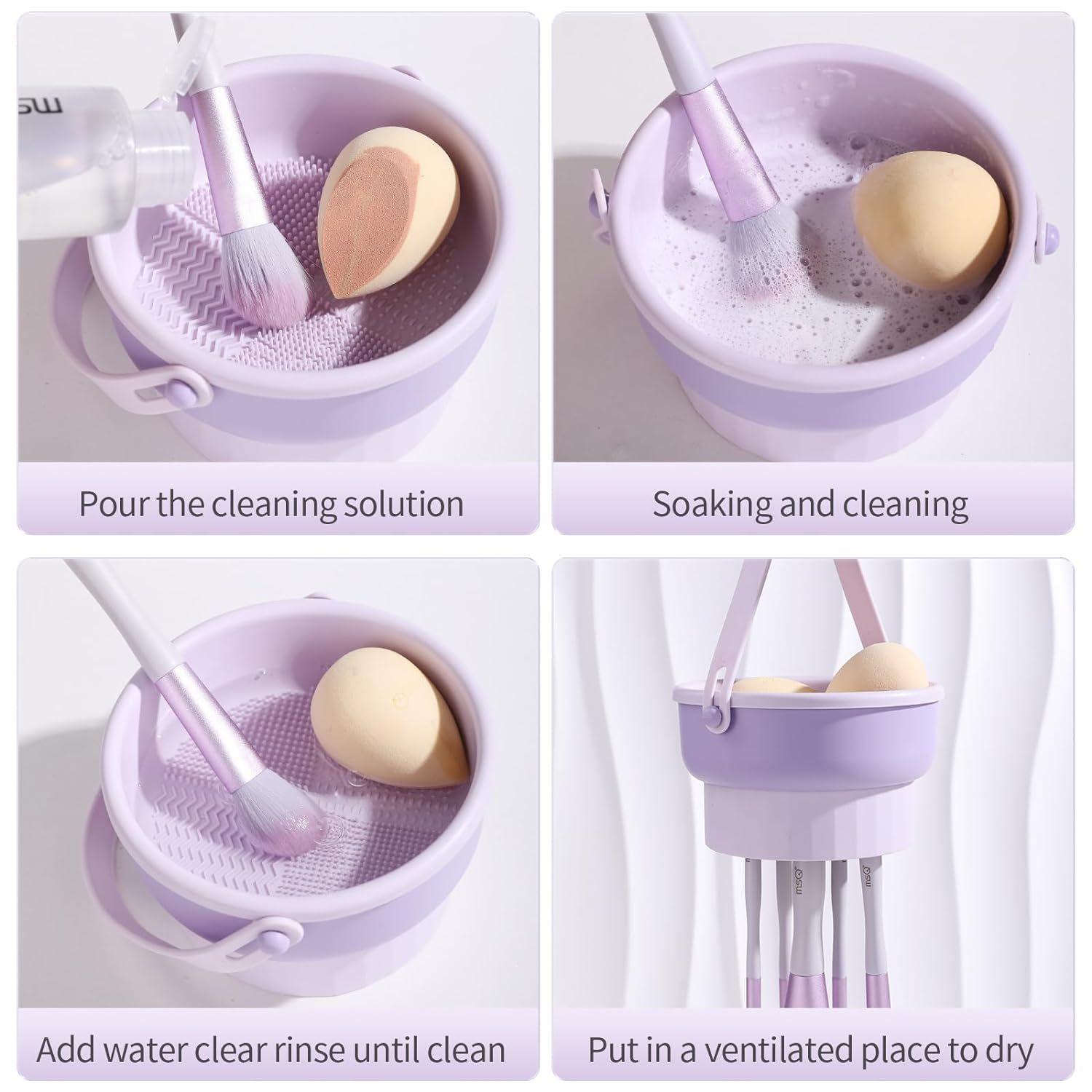 Makeup Brush Cleaning Mat, 3 In 1 Silicone Makeup Brush Cleaner Bowl with Brush Drying Holder, Makeup Brush Scrubber(Purple) — image 3