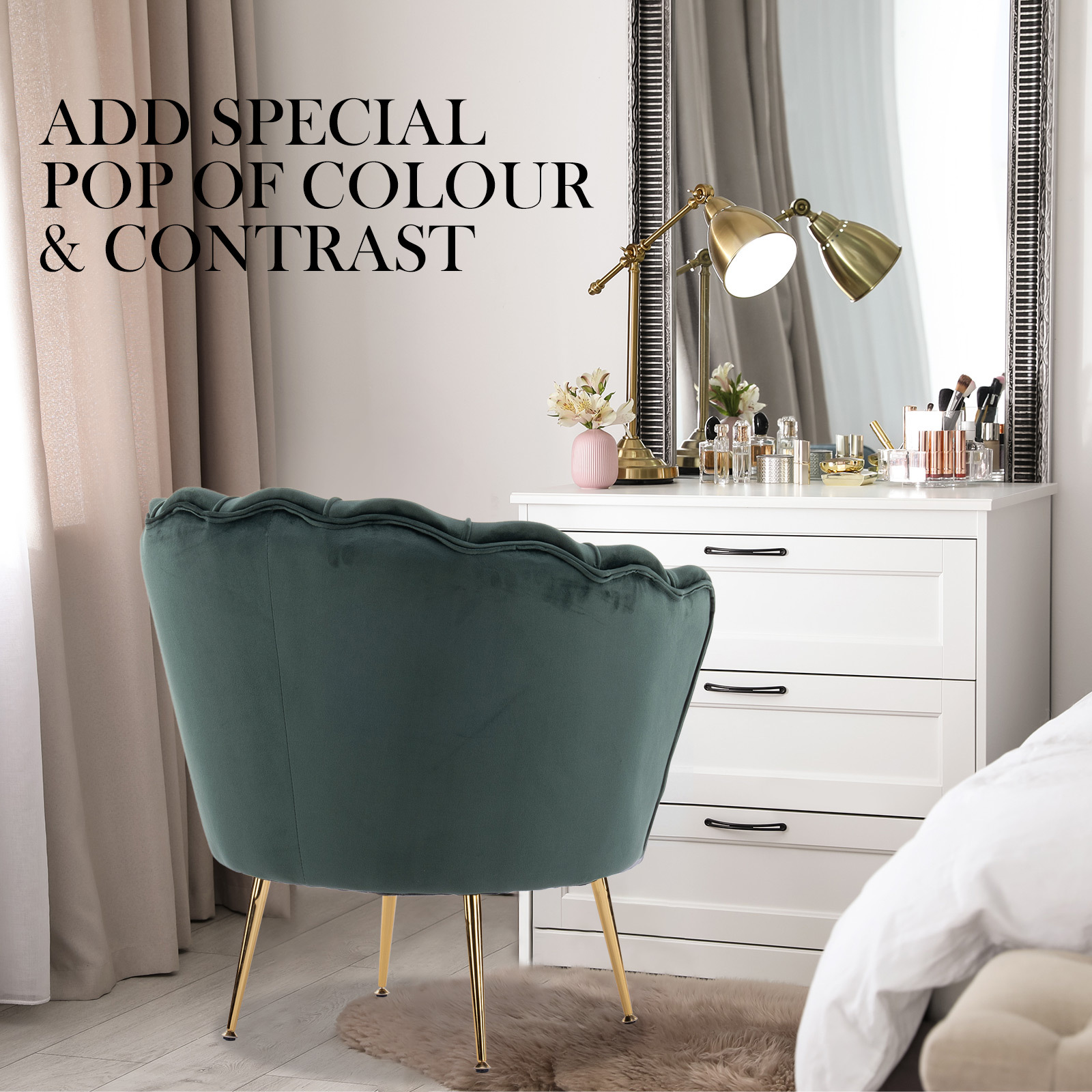 Armchair Lounge Chair Accent Velvet Shell Scallop + Ottoman Footstool Round GREEN โ image 5