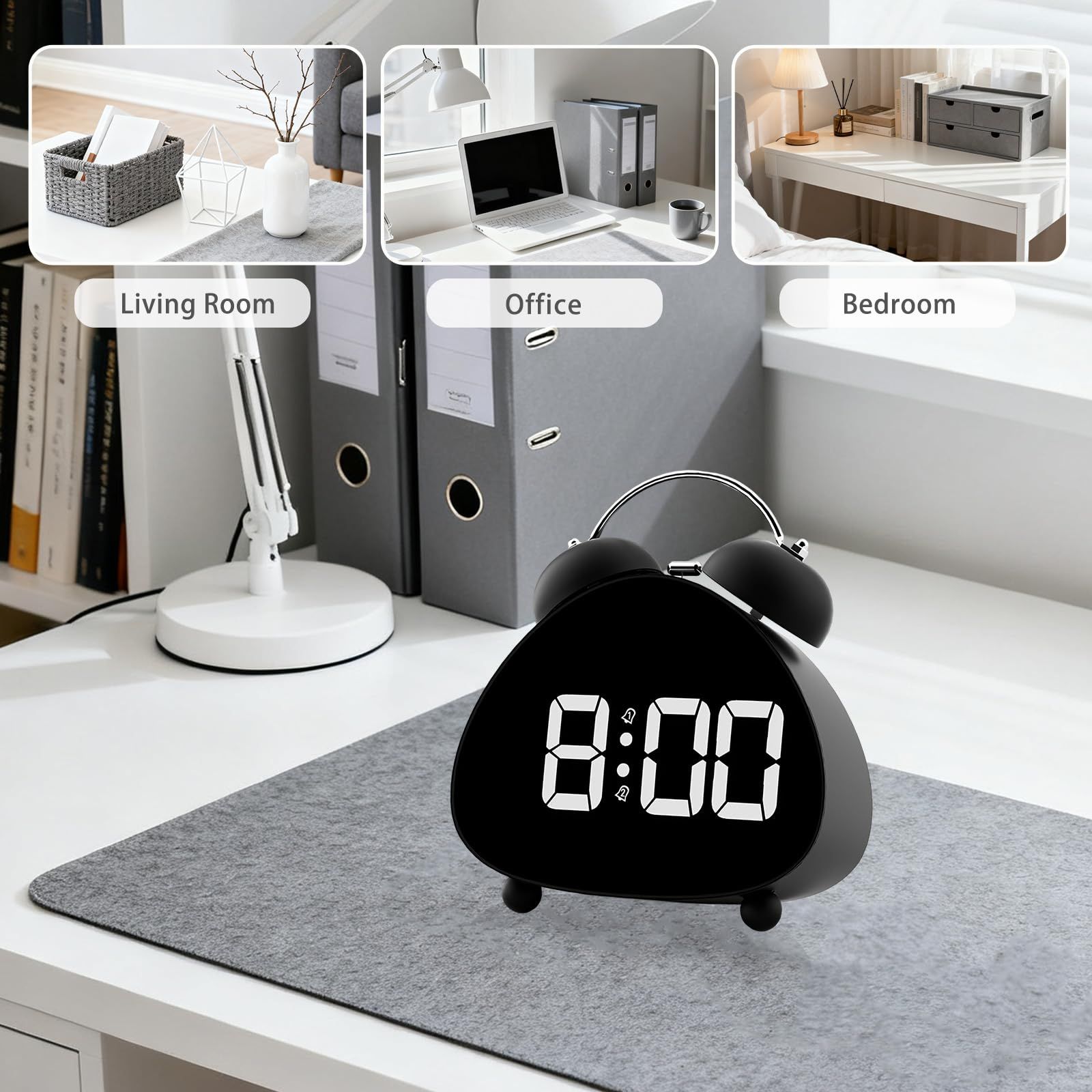 Bell Alarm Clock, Cute Triangle Digital Alarm Clock, Bedside Loud Alarm Clocks for Heavy Sleepers Adults, Silent Desk Clock Battery Operated (Black) — image 3