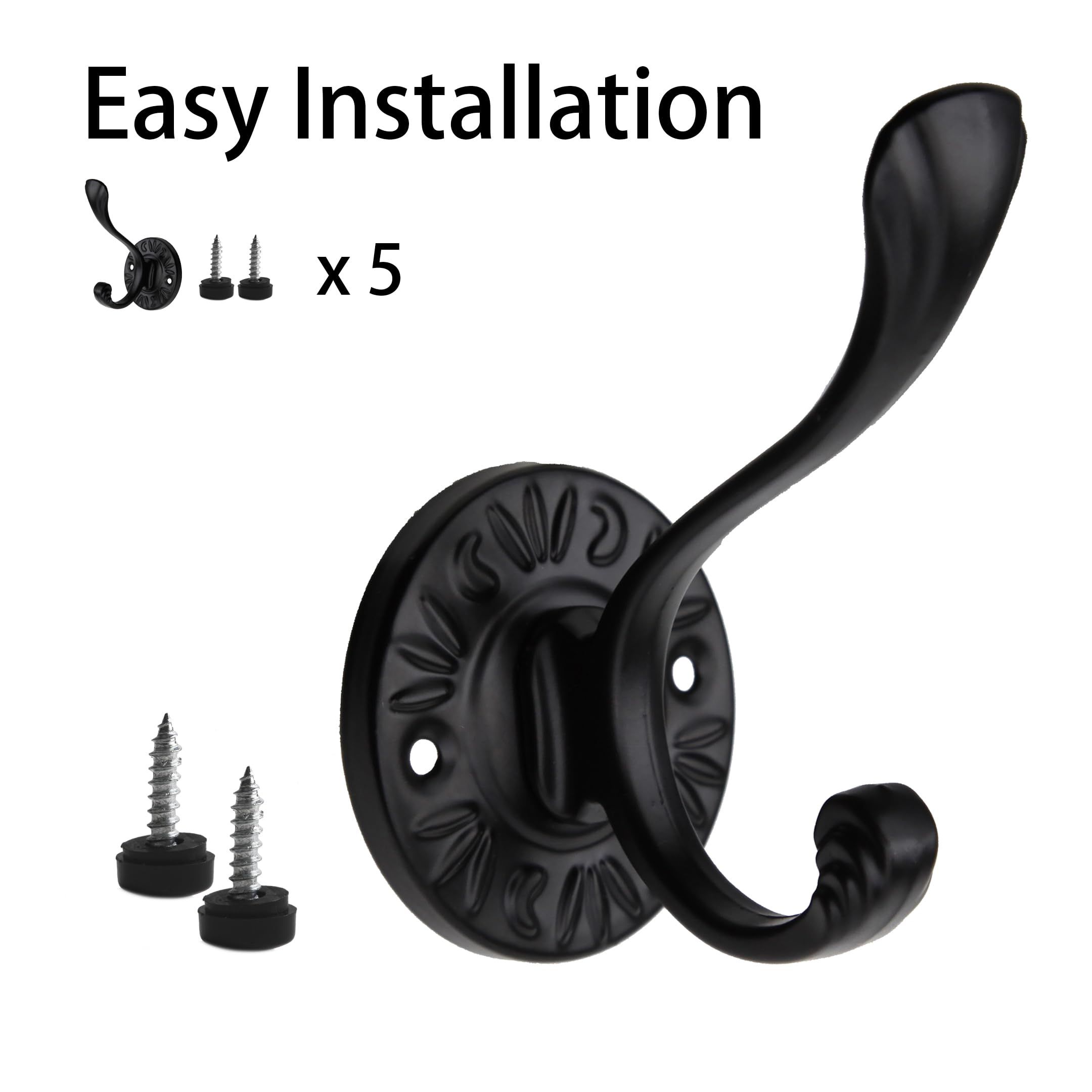 5pcs Black Coat Hooks Wall Mounted Coat Hooks Farmhouse Matte Black Wall Hooks with Screws Metal Matte Black Towel Hooks — image 2