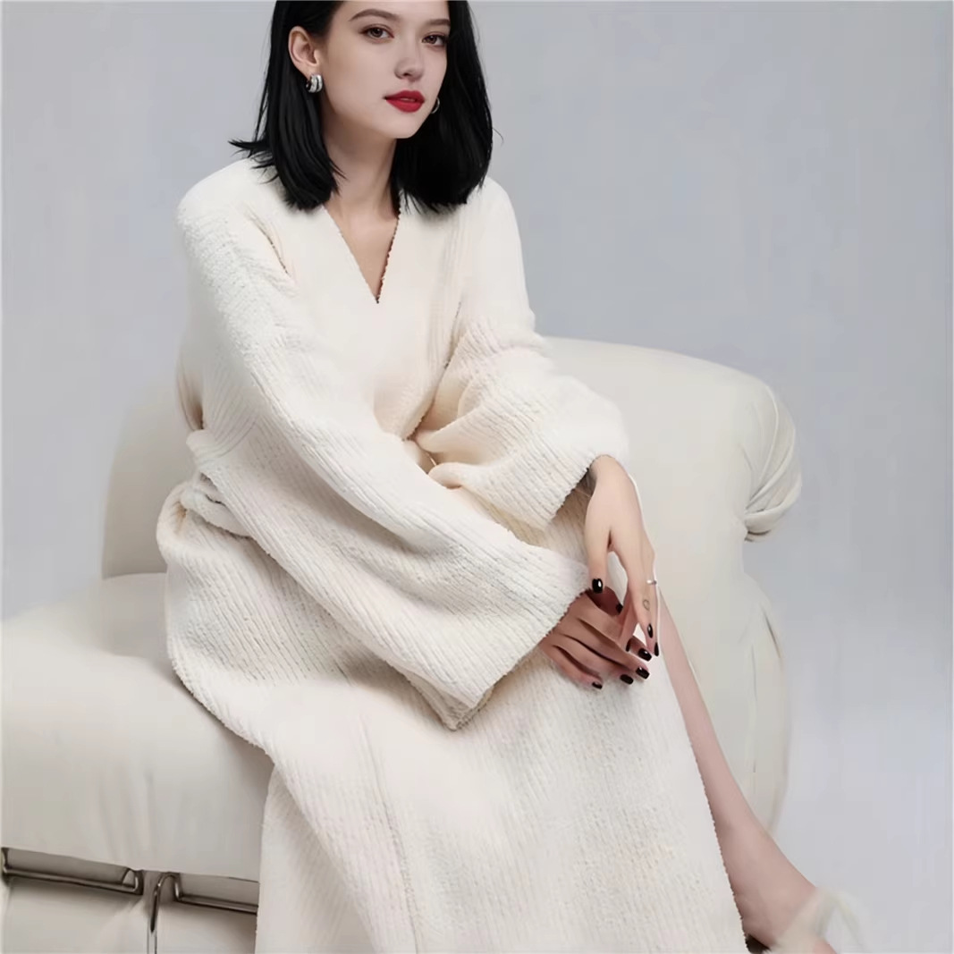 Beige Women's Ultra-Soft Plush V-Neck Cardigan Robe - Extra Thick Half-Velvet Warm Housecoat & Outdoor Wearable Sleepwear — image 3