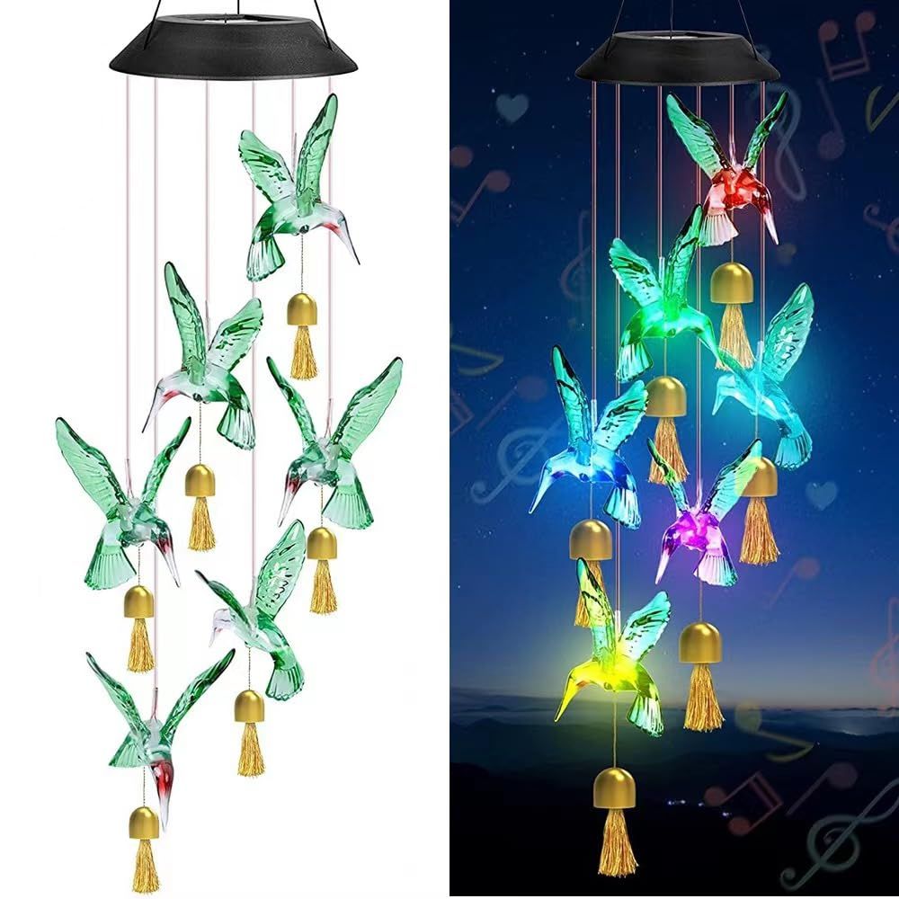 Solar Hummingbird Decorative Wind Chime Light with Bell, A Gift for Friends with Movable LED Colorful Outdoor Decorative Lights