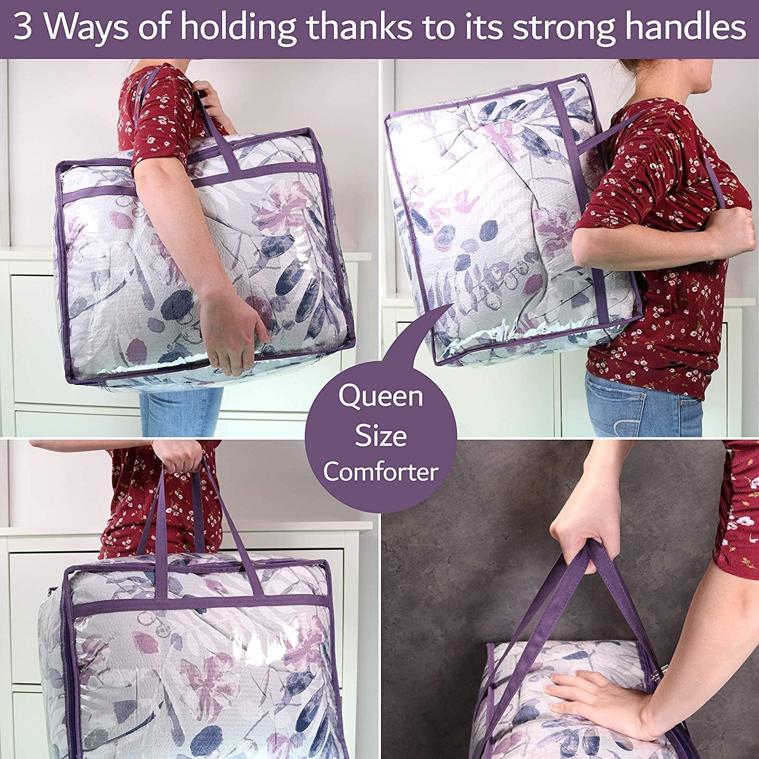 Clear Vinyl Zippered Storage Bags (3-Pack) 40L Sturdy Storage Bags for Sweaters, Blankets, Comforters, Bedding Sets and Much More! (Purple, 18x15x9) โ image 6