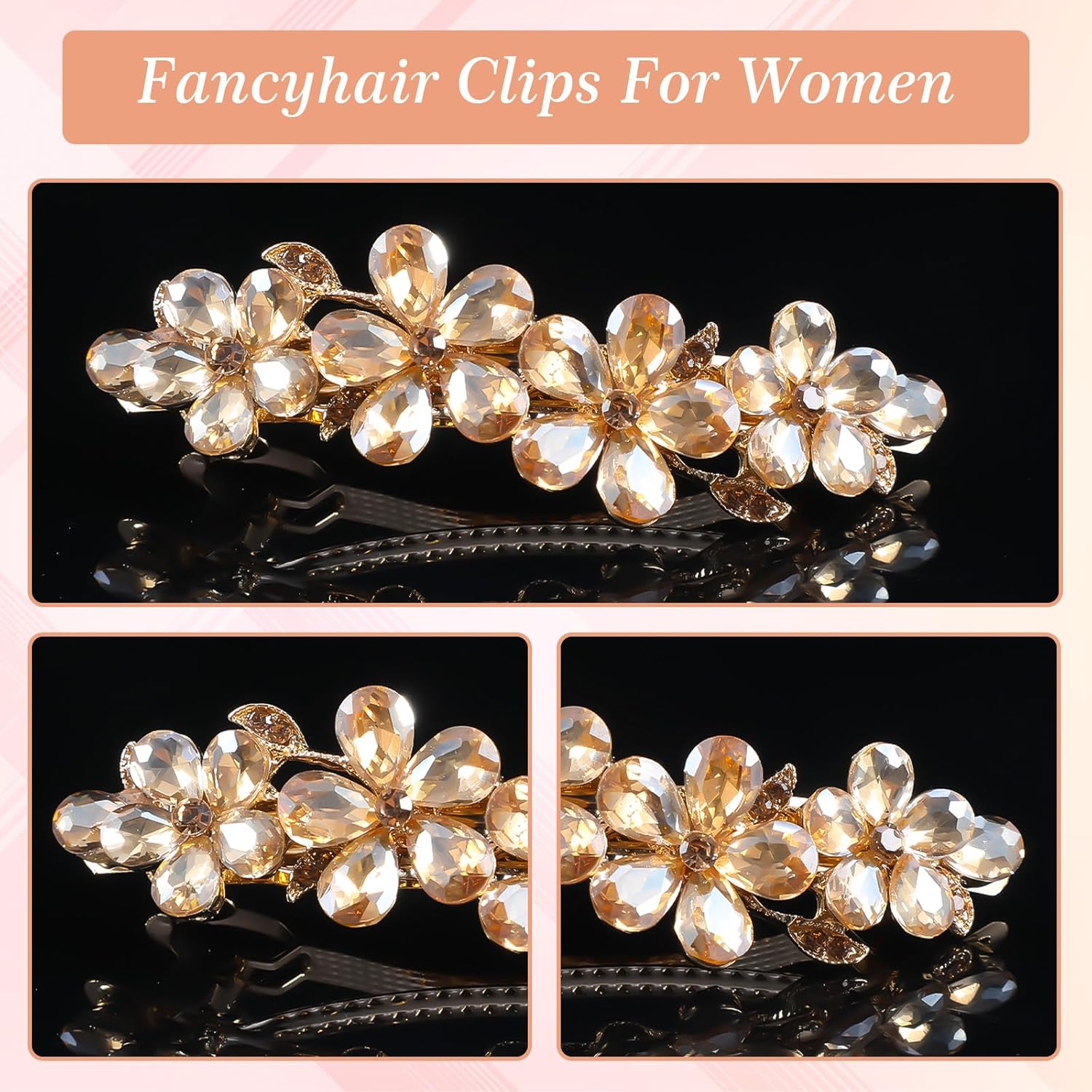 Champagne Rhinestone Hair Clips,Shimmeroo Fancy Hair Clips for Women,Flower Crystal Hairs Clip for Elegant Wedding & Party Barrettes — image 2