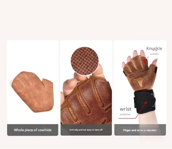 Size M Dark Brown Premium Cowhide Leather Weightlifting Gloves with Wrist Support - Non-Slip Grip, Breathable Fitness Workout Gloves for Gym, WODs, Dumbbells โ image 5