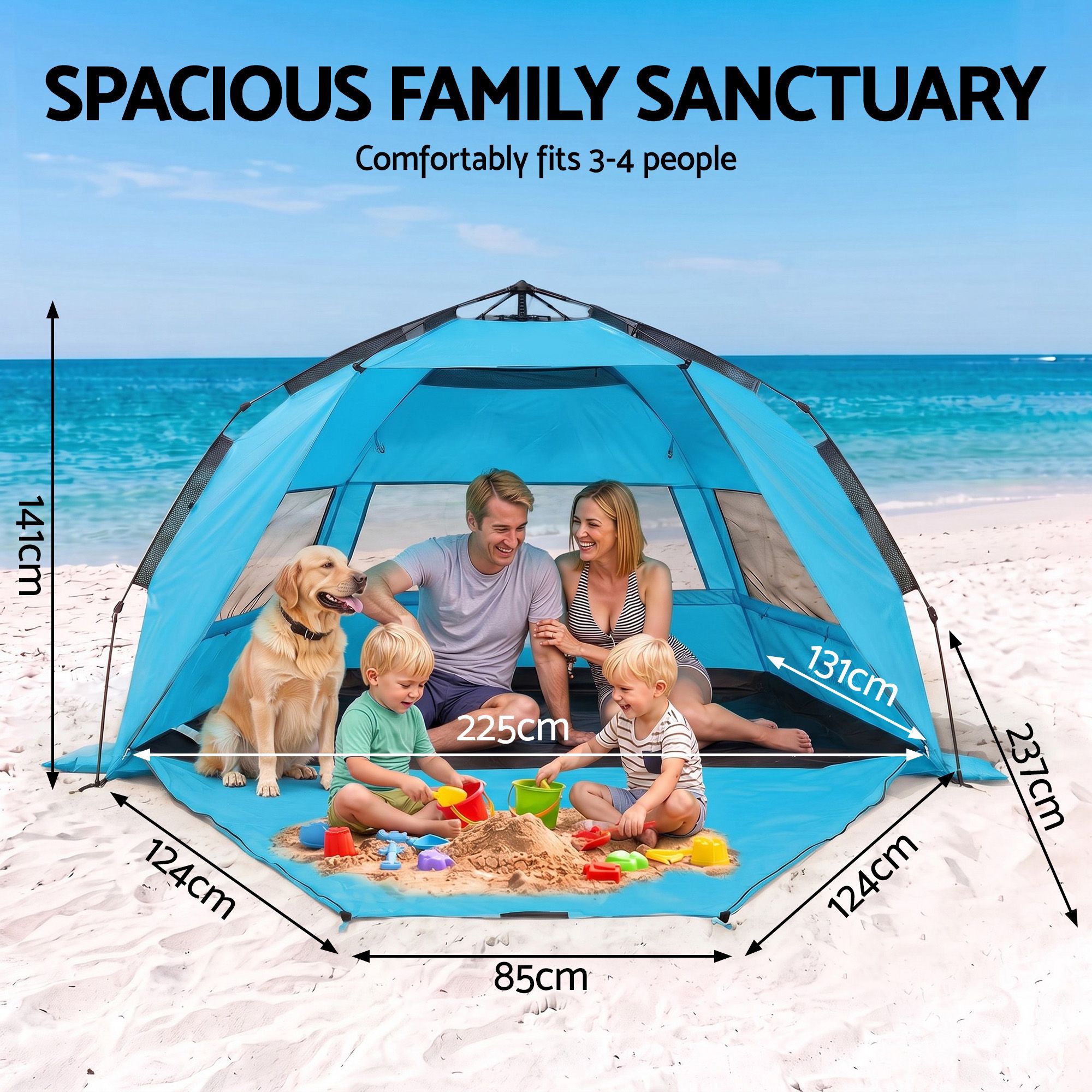 Weisshorn Beach Tent 3-4 Person Pop Up Sun Shade UPF 50 Automatic Outdoor Blue โ image 2