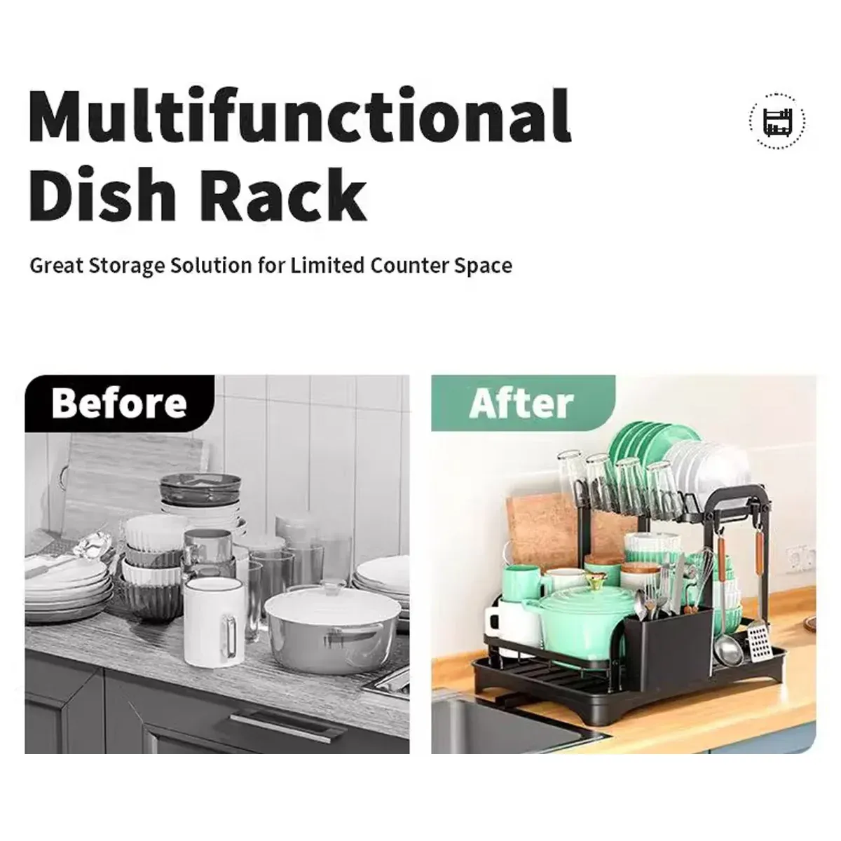 Kitchen Dish Drying Rack 2 Tier Carbon Steel Black 42x30x32cm Telescopic Drain โ image 5