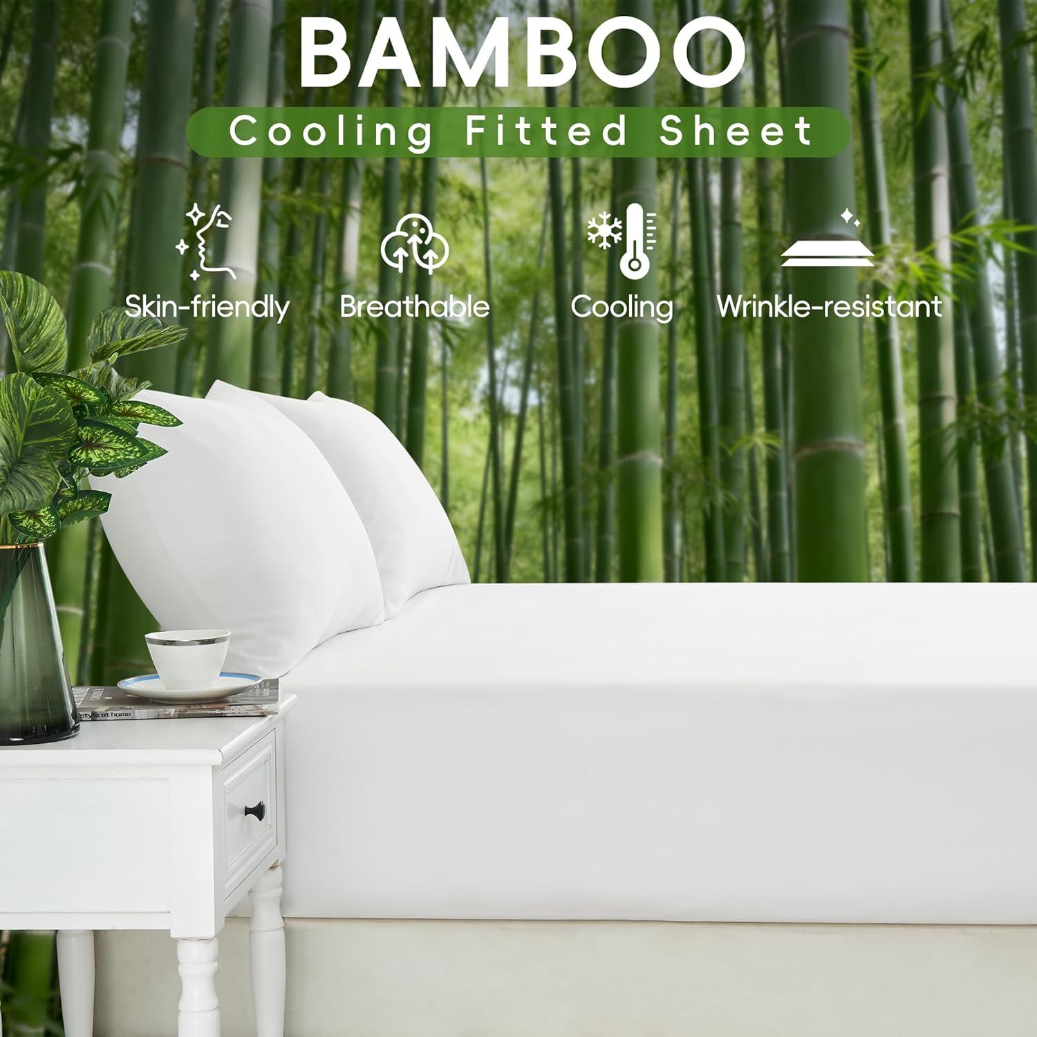 Hotel Breathable Bamboo Fitted Sheet & Pillowcase-3 Piece-Ultra Soft 2000TC Breathable Fitted Bed Sheets Set with 37 Centimetre Deep Pocket-Cooling Sheets for — image 2