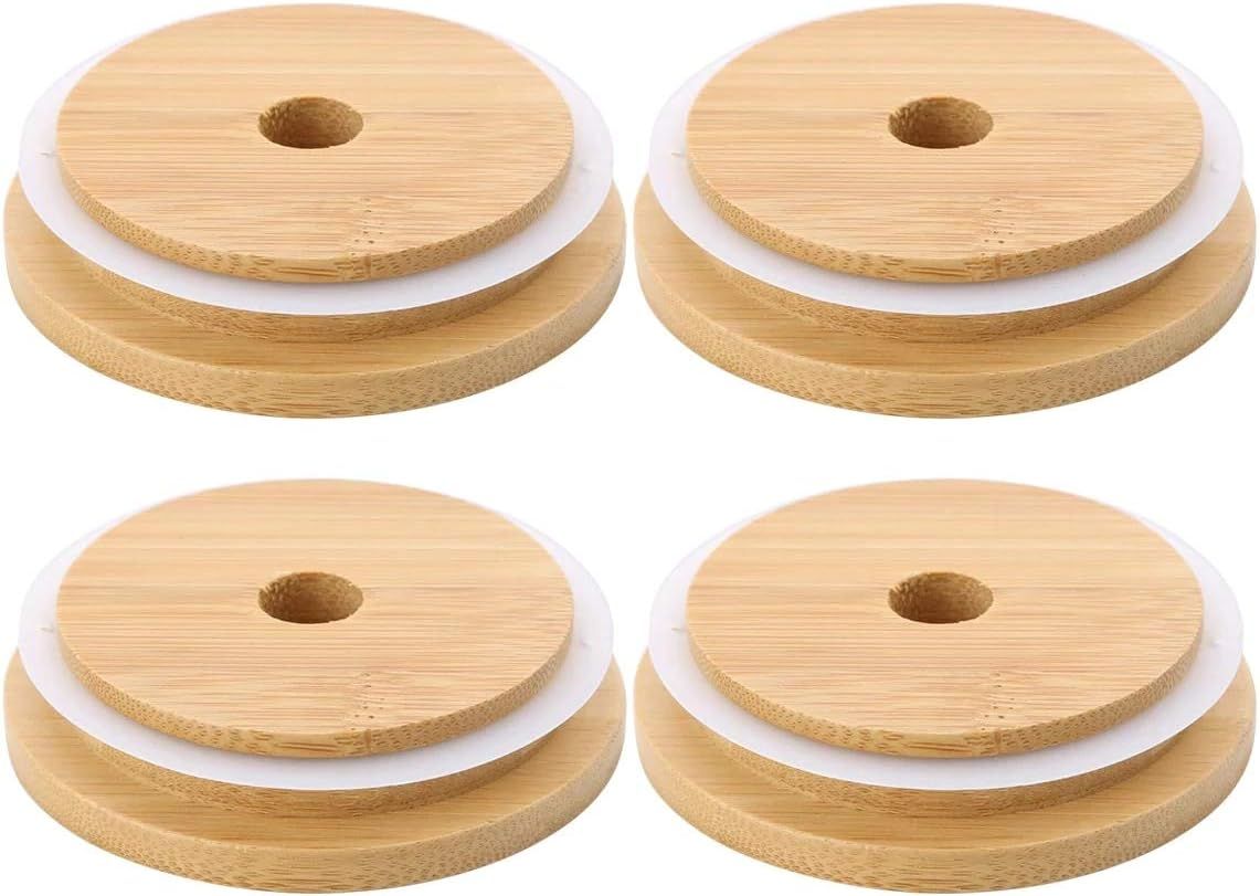 4 Pack 86mm Wide Mouth Bamboo Mason Jar Lids with Straw Hole Reusable Bamboo Caps Leak-Proof Glass Canning Drinking Storage Jars Lid