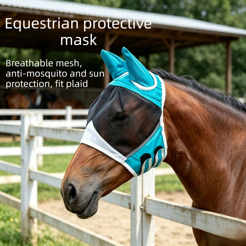 Breathable Horse Face Mask - Mosquito, Insect, and Fly Protection - Equestrian and Race Horse Head Cover - Blue - M