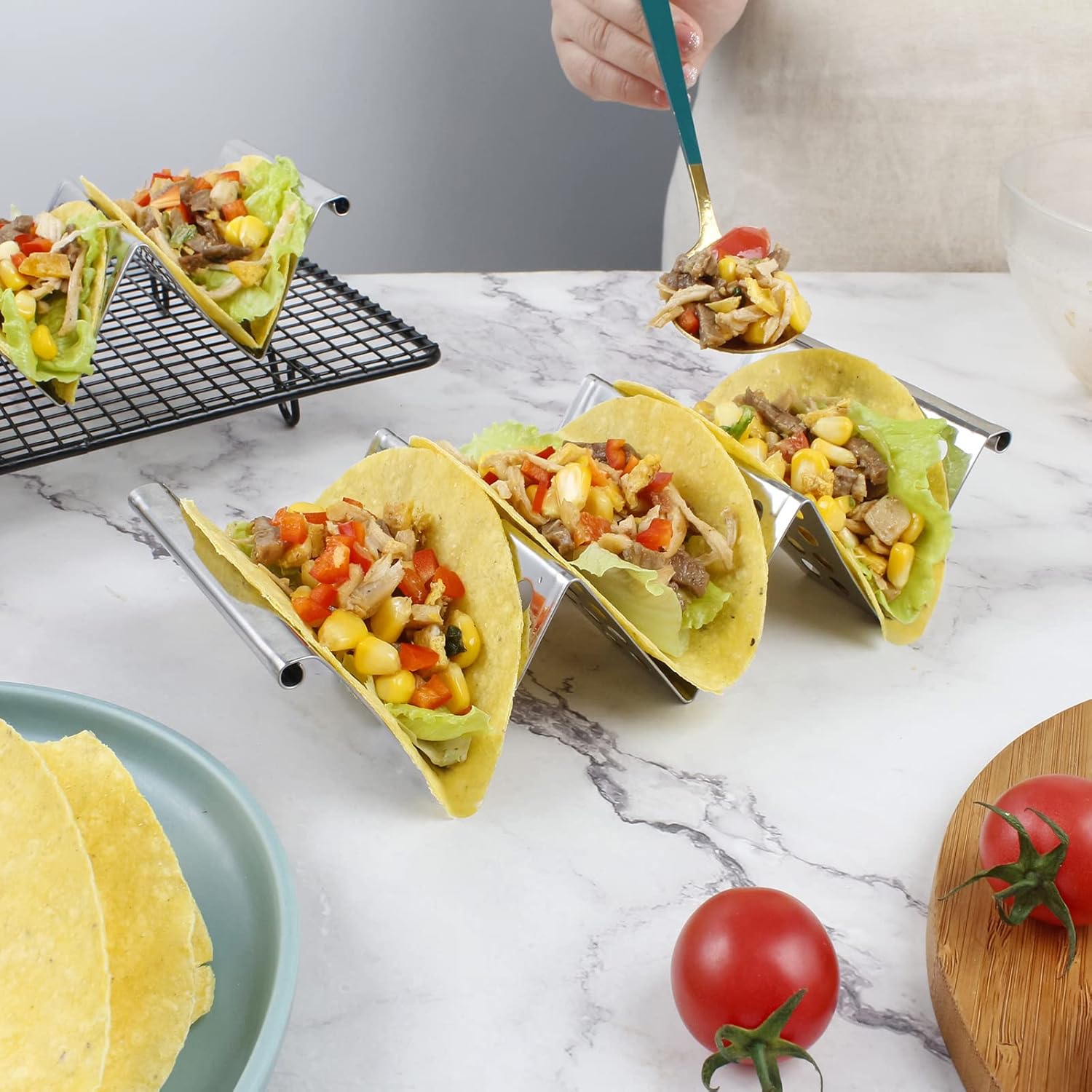 4 Pack Stainless Steel Taco Holders, Premium Taco Stands, Holds 2 Or 3 Tacos Each Taco Tray, Taco Rack With Easy-Access Handle, Food Grade Taco Plate Shells โ image 4