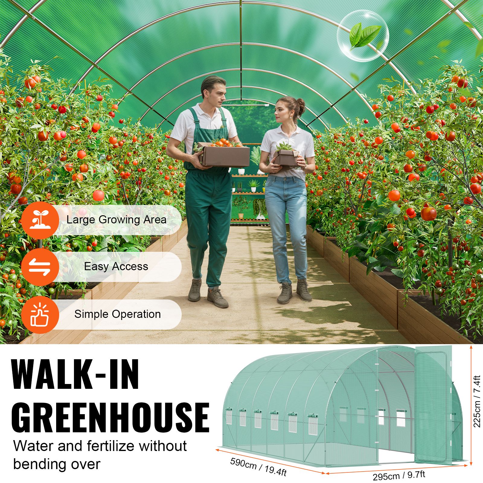 Walk-in Tunnel Greenhouse, 19.4x9.7x7.4 ft Hoop House Greenhouse Tunnel, Plant Hot House with Galvanized Steel Frame, Green PE Cover, Swing Door and 12 Roll-up โ image 6