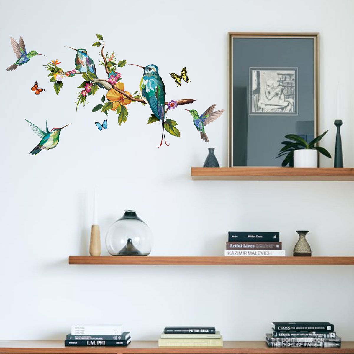 3D Colorful Birds on Tree Branch Wall Art Sticker -Flower Hummingbirds Butterfly Wall Decal,Removable Flying Bird — image 3