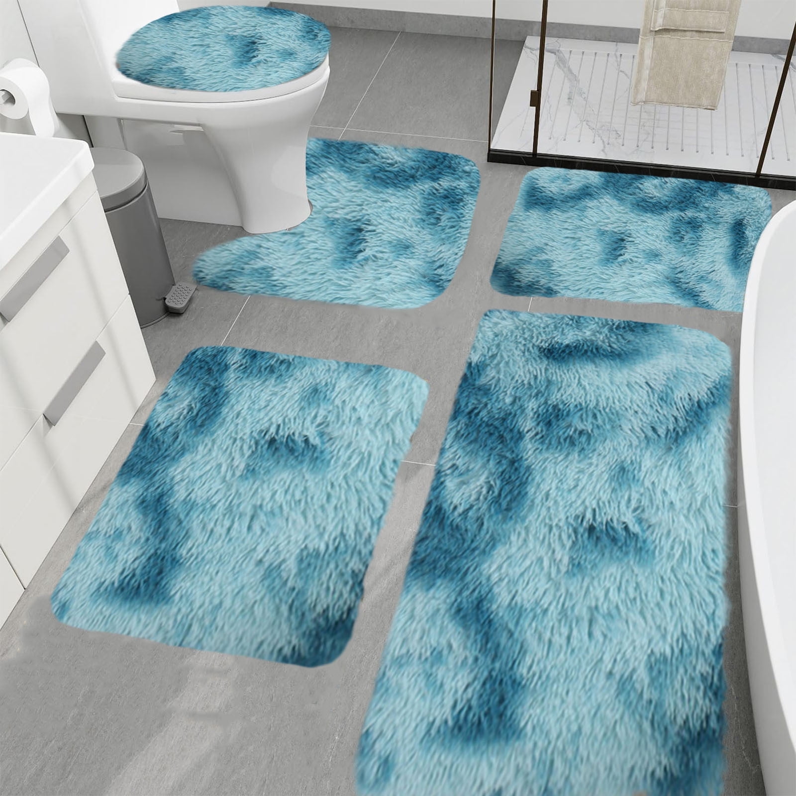 Tie-Dye Bathroom Rugs Sets, Non-Slip Bath Mat Set 5 Piece, Soft Comfortable Washable Bathroom Mat Set, Quicker Dry Bathroom Rug with Toilet Rug Blue