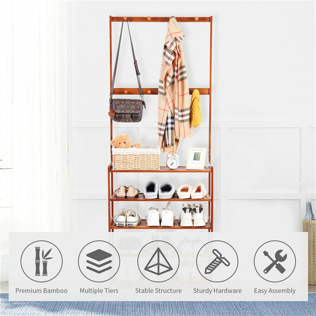 Bamboo 5-Tier Hat Coat Shoe Rack Entryway Bench Hanger Storage — image 2