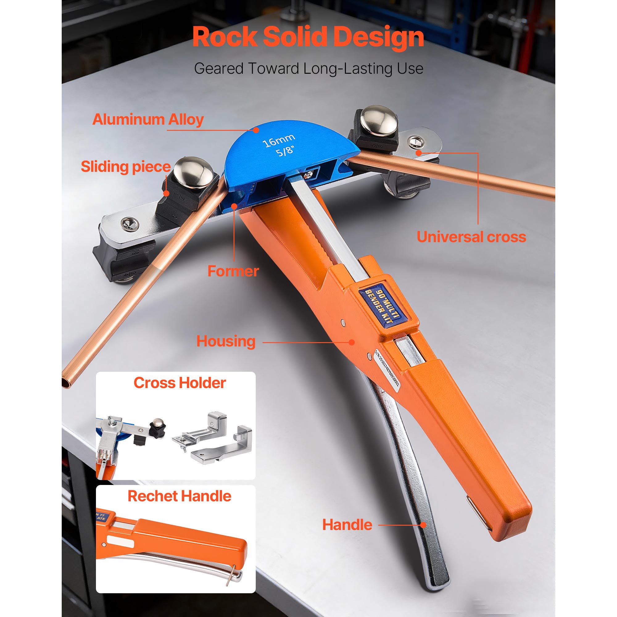 Tubing Bender Kit, 6 mm to 22 mm, Compact Ratcheting Tube Pipe Bender, Forward/Reverse Hand Bending Tool, with 7 Color Aluminium Alloy Dies, for Copper HVAC — image 5