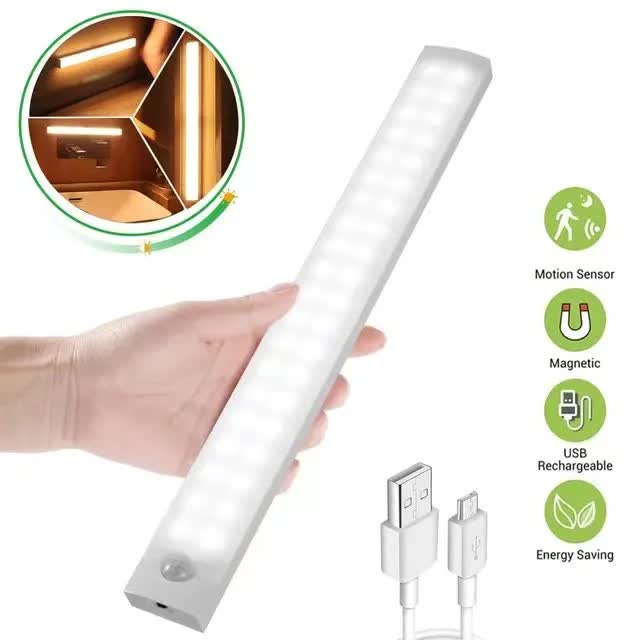 (White, 3-pack) Cabinet lighting with motion sensor, rechargeable LED wardrobe light, battery-powered wireless magnetic light — image 2