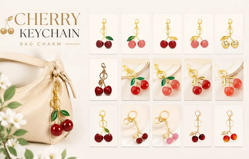 Shiny red cherry bag pendant with green rhinestone leaves, bright lovely radiance lifts your ordinary days — image 4