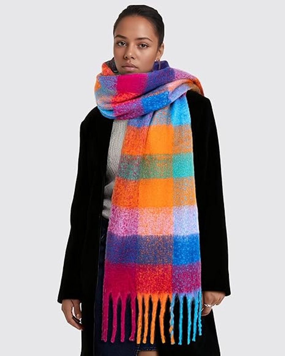 Colorful winter scarf for women - Warm, chunky knit and soft checkered scarf - Blanket scarf - Trendy Christmas gift - Gift for her — image 3