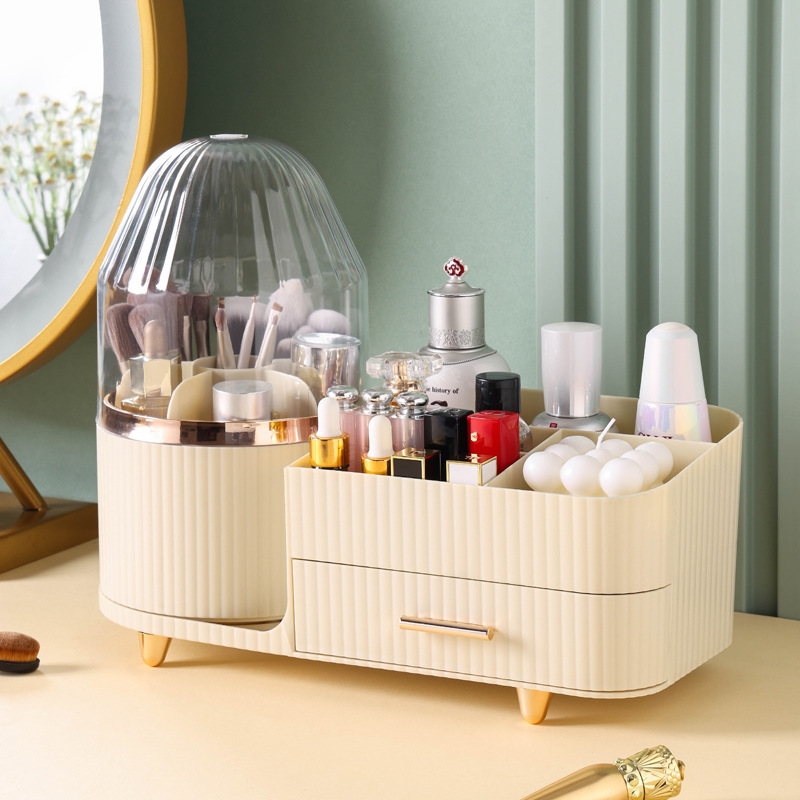 Cream Color Rotating Makeup Organizer Box - Multi-Compartment Cosmetic Storage with Dustproof Cover โ image 2