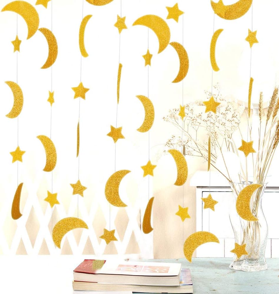 50ft Glitter Moon & Stars Garlands, 6 Pack Gold Double-Side Crescent and Twinkle Paper Hanging Decorations for Birthday Party Baby Shower Engagement Wedding