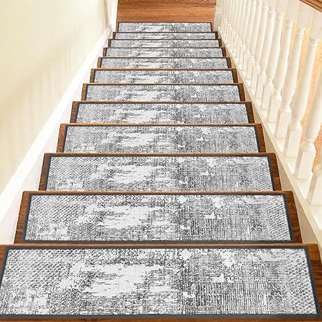 4 Pcs Grey Vintage Floral Non Slip Stair Treads, Adhesive Carpet Runners for Wooden Steps Pets and Seniors, 8 x 30 in