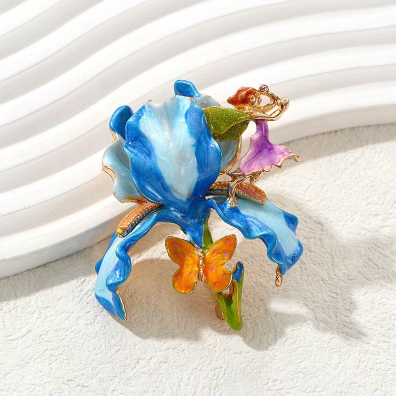 Vintage Large Flower Enamel Brooch with Fairy and Butterfly Blue - Luxury Floral Pin with Gift Box, Elegant Accessory for Women Coat Dress Scarf โ image 3