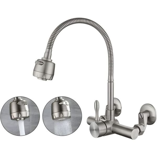 Wall Mounted Kitchen Tap, Food-Grade 304 Stainless Steel Flexible Gooseneck Faucet with 2 Spray Modes, 360° Swivel Kitchen Sink Tap, Mount Hole Distance