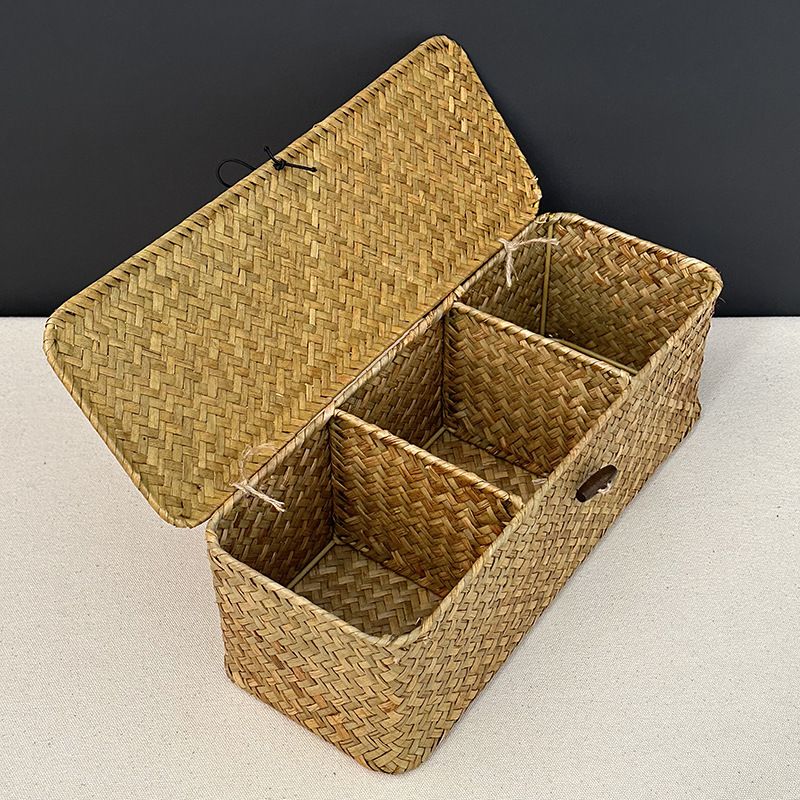 Covered compartment storage basket, 3-compartment handmade woven storage basket, household storage box, cosmetics, clothes โ image 4