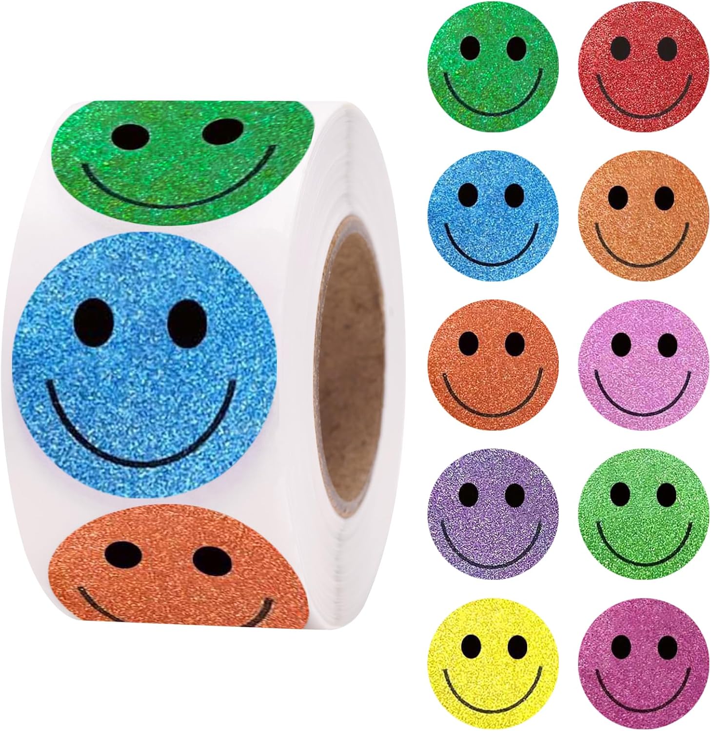 Smiley Face Stickers - Happy Face Stickers 500Pcs 1Inch Glitter Smiley Sticker Roll Cute Reward Sticker for Kids Classroom Self Adhesive Positive Incentive