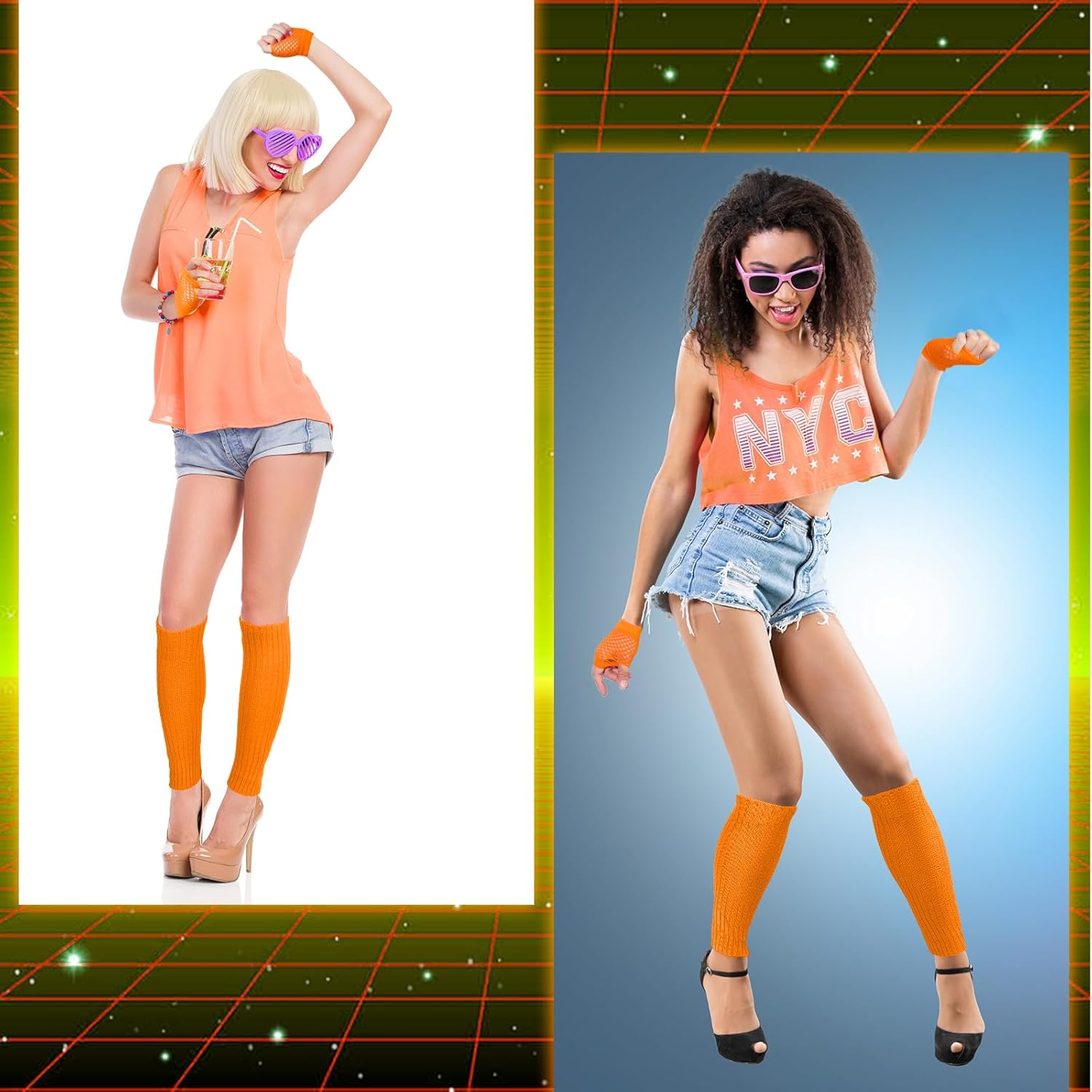 Petluno Elastic Neon Leg Warmers and Fingerless Gloves, 80s Set, Costume Accessory (Orange), Orange, One Size โ image 5