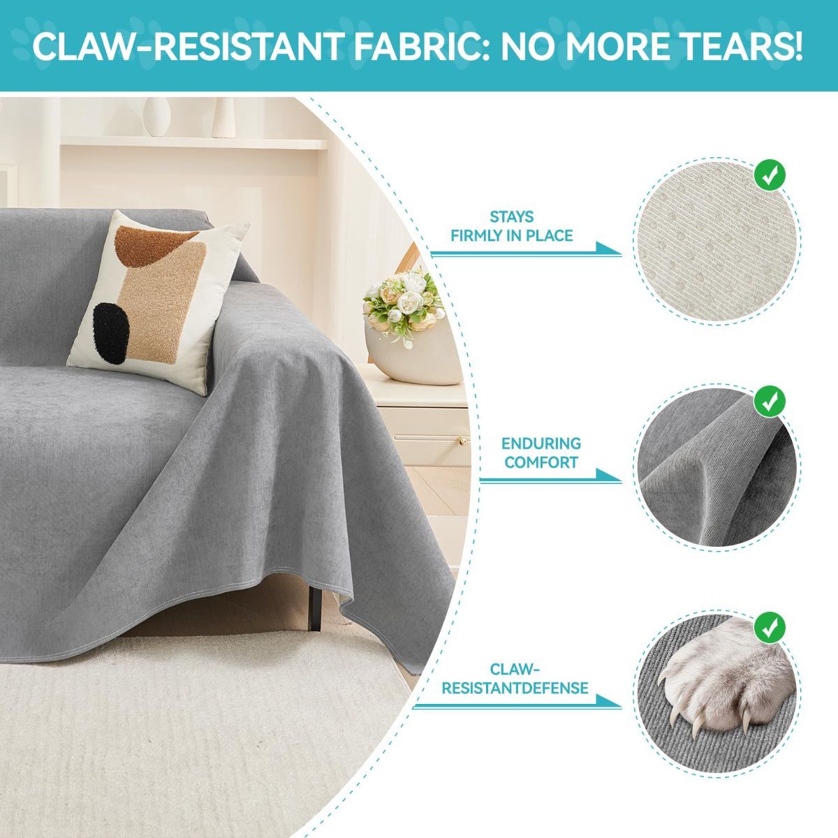 71" x 118" Couch Protector from Cat Claws, Waterproof Couch Cover Anti Slip, Couch Cover 3 Cushion Sofa Washable, Anti-Scratch Pet Sofa Cover Heavy — image 2