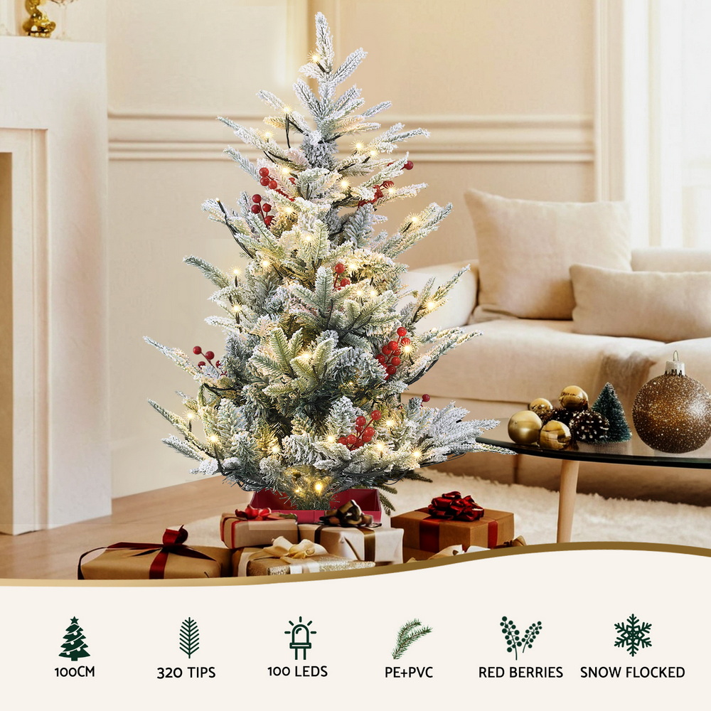 Jingle Jollys Christmas Tree 1M LED Potted Xmas Party Decor Red Barries Flocked — image 4