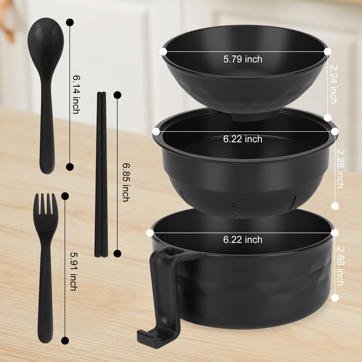 Ramen Bowl Set, Ramen Cooker 33 oz, Ramen Bowls with Chopsticks and Spoon, Microwave Pasta Cooker, College Dorm Essentials for Girls Guys (Black) — image 2