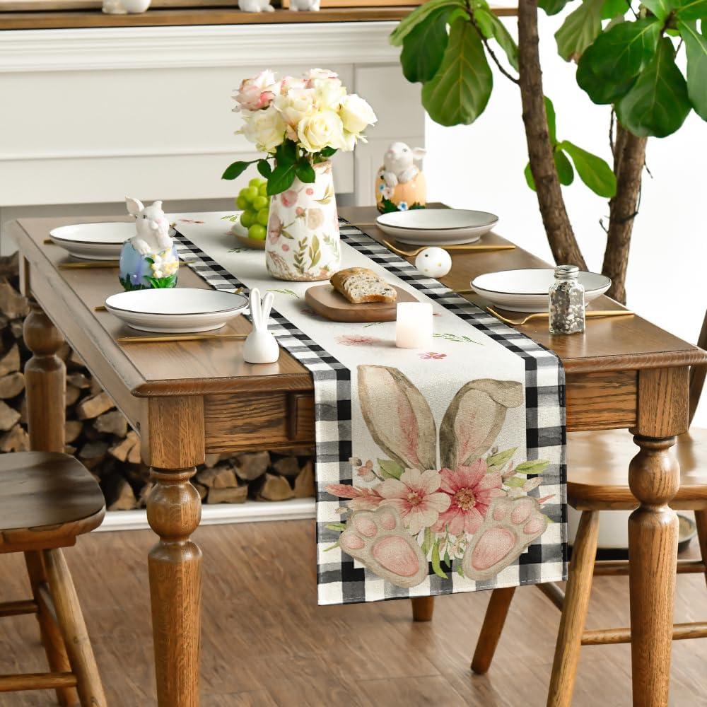Buffalo Plaid Bunny Ear Foot Flower Easter Table Runner, Seasonal Spring Kitchen Dining Table Decoration for Home Party Decor 13 × 72 Inch — image 3