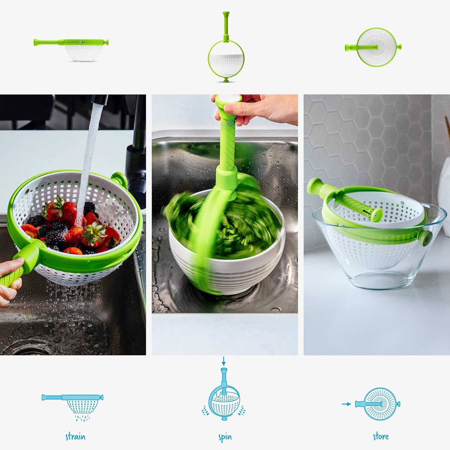 Spina 2-In-1 Easy-To-Use, Collapsible Salad Spinner & Straining Colander for Salad, Fruit, Vegetable, Lettuce - White/Green — image 5