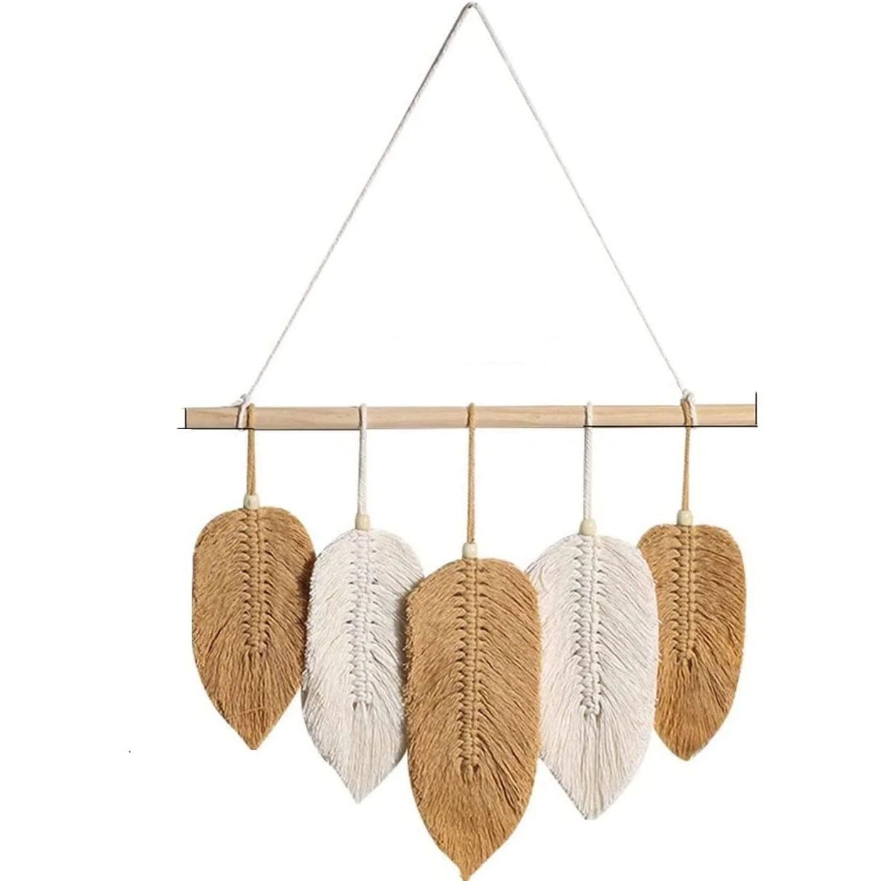 Wall Hanging Leaves Chic Woven Leaf Tassels Decoration Cotton Ornaments Tapestry Room Decor Modern Bohemian Handmade Feather Wall Art Decorations(Yellow and