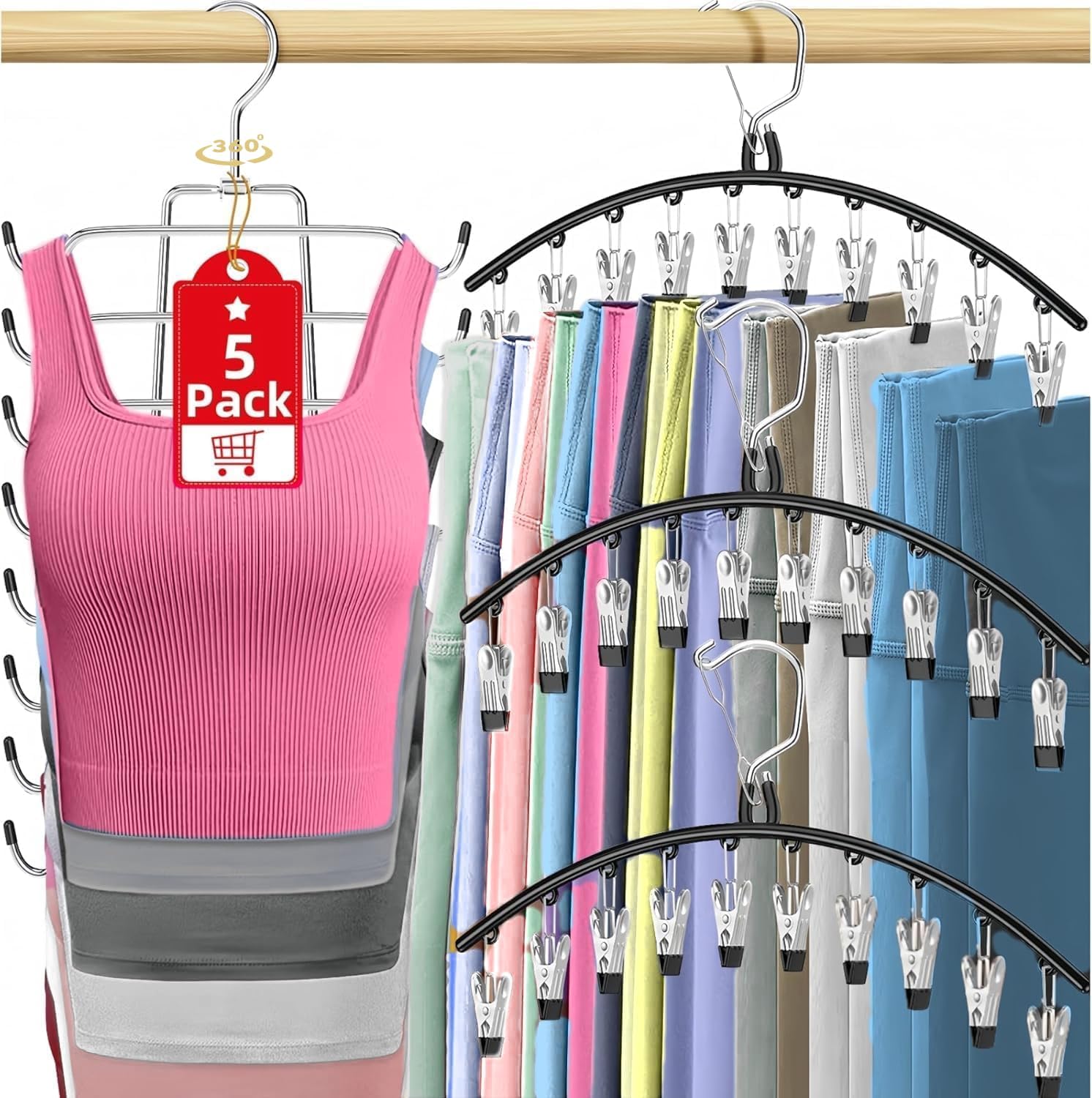 5 Pack Legging Organizer for Closet Hanging, 3 Pants Leggings Hangers with 30 Clips, 1 Tank Top Hanger, 1 Metal Magic Space Saving Hangers Closet Organizers