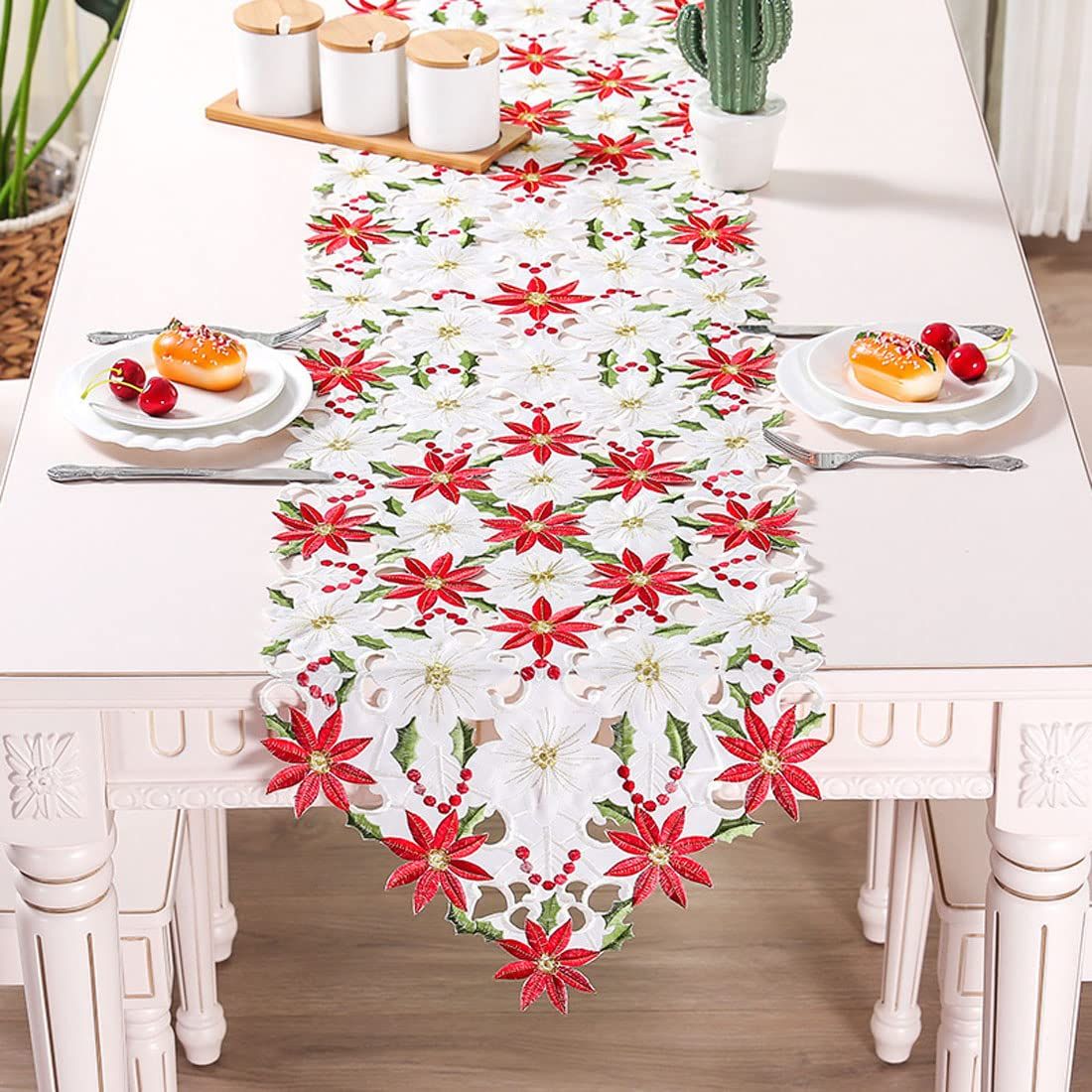 OurWarm Christmas Embroidered Table Poinsettia Holly Leaf Table Linens for Christmas Decorations-15" X 69" — image 3
