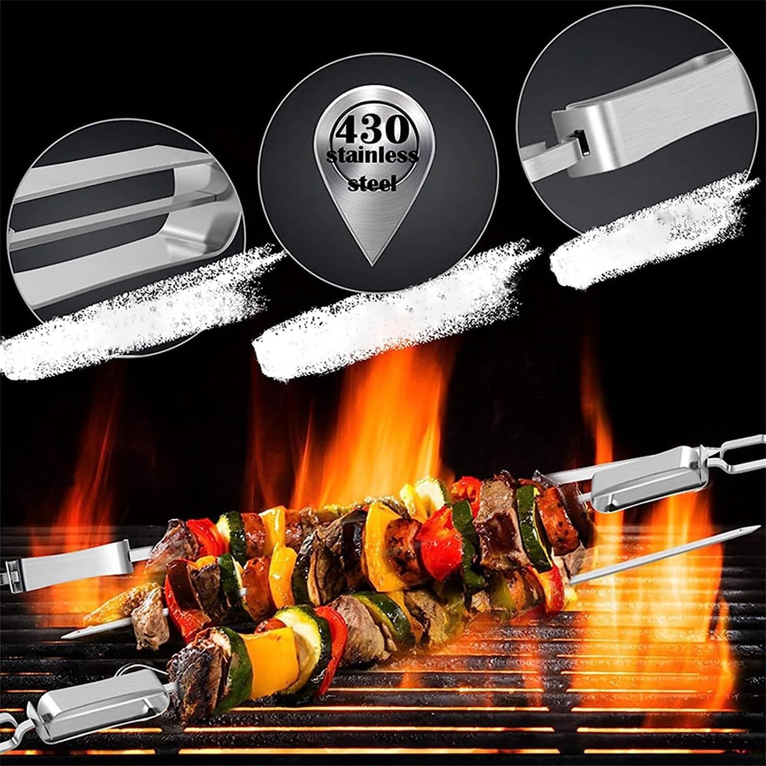Kabob Skewers with Storage Bag, Stainless Steel Grilling Skewers, Push Bar Skewer Stick, Reuse for Meat Shrimp Chicken, 10pcs (Size: 45.3cm) โ image 5