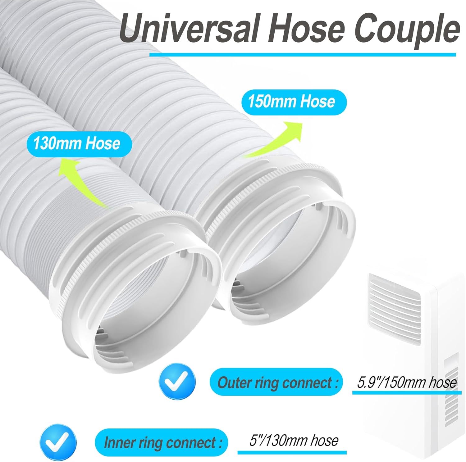 Portable Air Conditioner Exhaust Hose Connector, Both 5.1"/5.9" Exhasut Vent Hoses with Clockwise & Counter Clockwise, Universal Mobile AC Unit Vent Hose — image 3