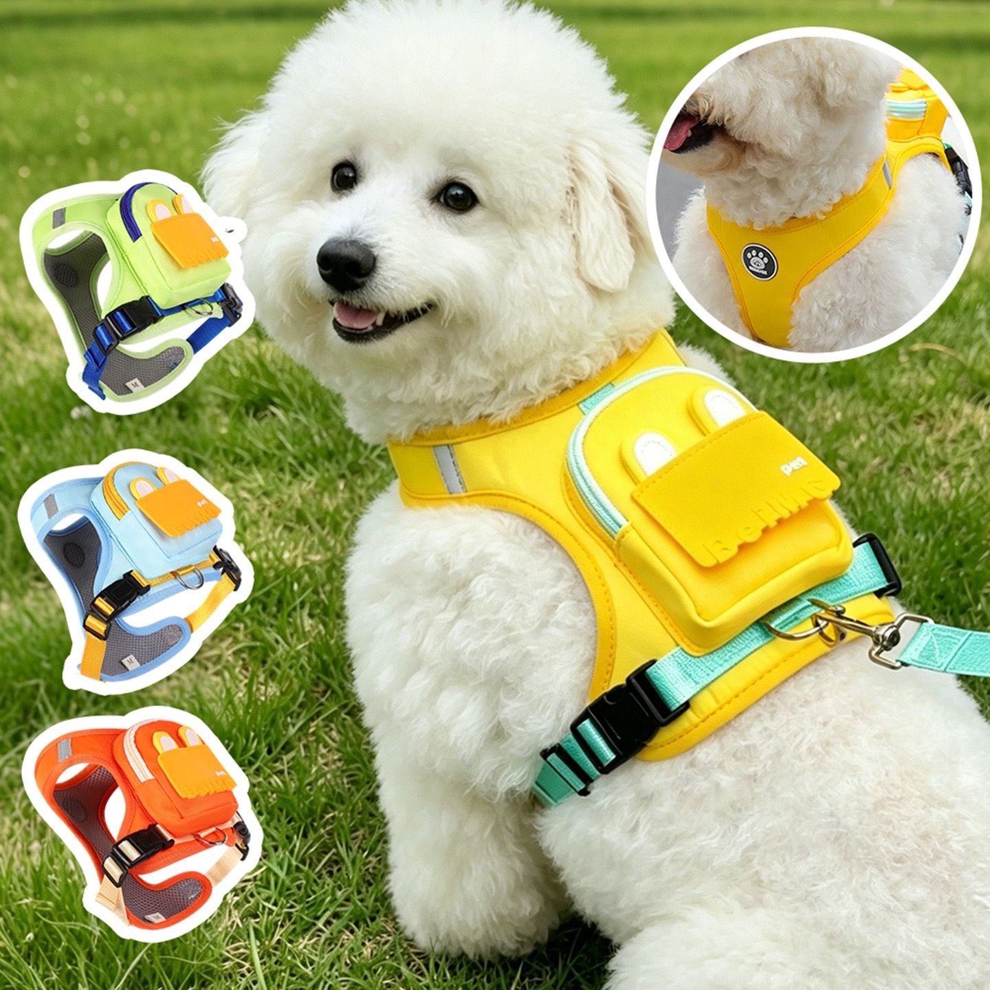 Stylish Color-Block Dog Backpack Harness with Built-in Poop Bag Dispenser – No-Pull Vest Design, Breathable Mesh Interior, and Matching 1.5m Leash — image 3